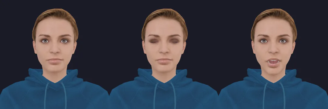 Ember, a free VRM avatar: at rest, blinking, mouth open