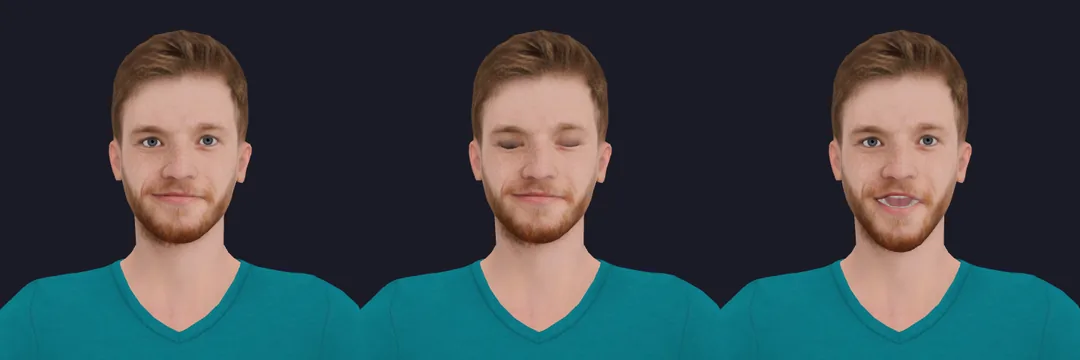 Nova, a free VRM avatar: at rest, blinking, mouth open