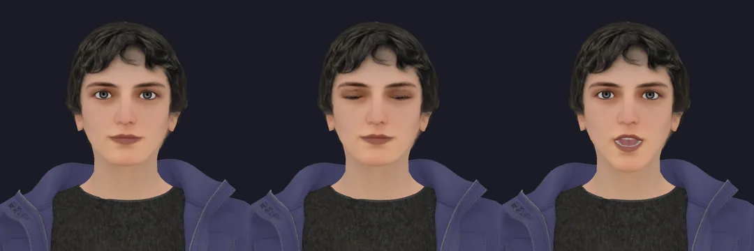 Sky, a free VRM avatar: at rest, blinking, mouth open