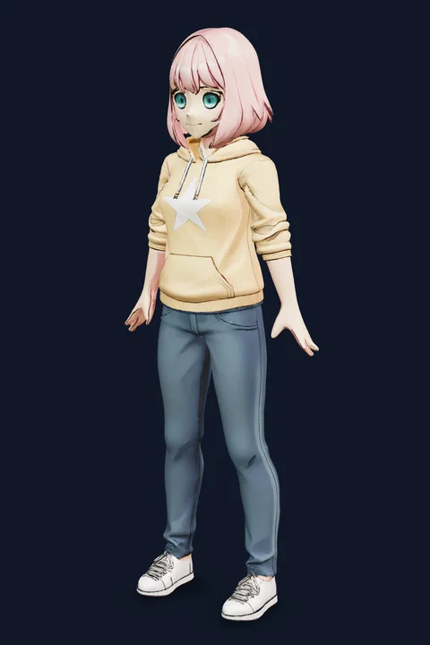 The same 3D avatar turned three-quarters: a girl with a pink bob haircut in a yellow hoodie