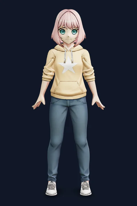 The rigged 3D avatar built from the picture, front view: a girl with a pink bob haircut in a yellow hoodie
