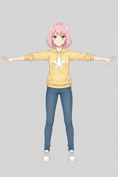 The same character redrawn full-body in a T-pose: a girl with a pink bob haircut in a yellow hoodie