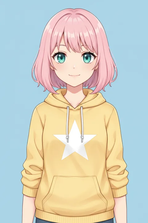The picture: an anime drawing of a girl with a pink bob haircut in a yellow hoodie