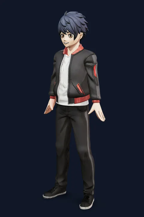 The same 3D avatar turned three-quarters: a young man with spiky dark blue hair in a black bomber jacket