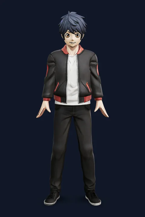 The rigged 3D avatar built from the picture, front view: a young man with spiky dark blue hair in a black bomber jacket