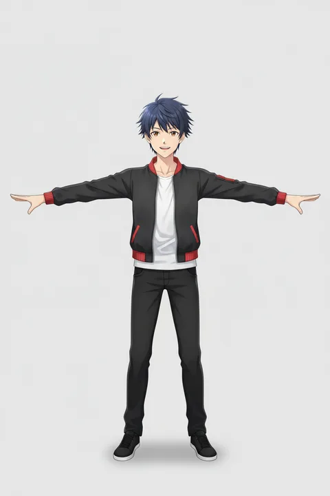 The same character redrawn full-body in a T-pose: a young man with spiky dark blue hair in a black bomber jacket