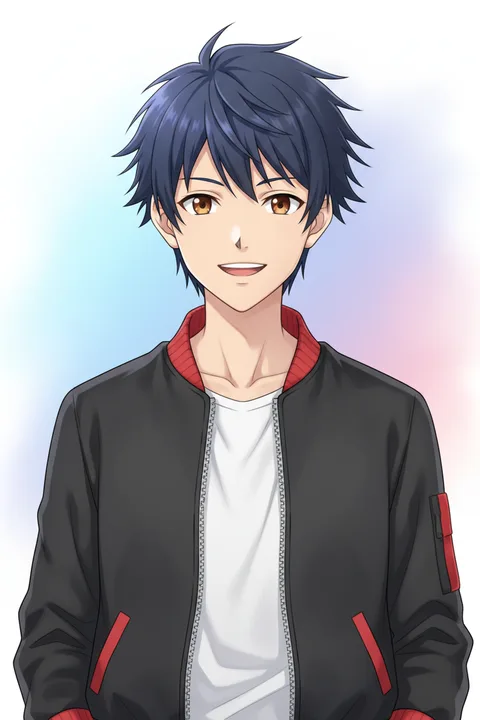 The picture: an anime drawing of a young man with spiky dark blue hair in a black bomber jacket