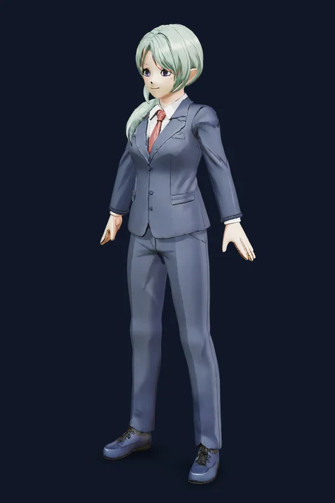 The same 3D avatar turned three-quarters: a young woman with a mint green side ponytail in a navy blazer