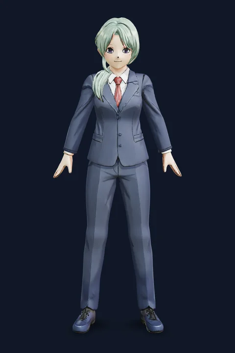 The rigged 3D avatar built from the picture, front view: a young woman with a mint green side ponytail in a navy blazer