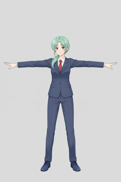 The same character redrawn full-body in a T-pose: a young woman with a mint green side ponytail in a navy blazer