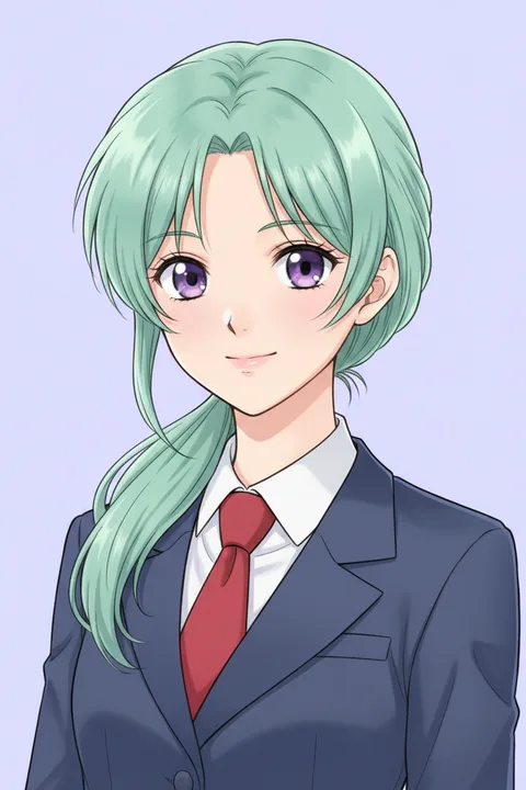 The picture: an anime drawing of a young woman with a mint green side ponytail in a navy blazer